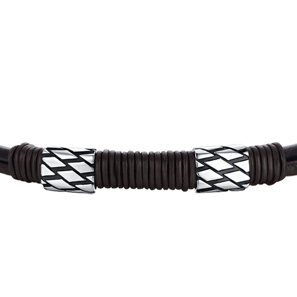 PULSERA DE CABALLERO DE CUERO MARRÓN CON ELEMENTOS DE ACERO