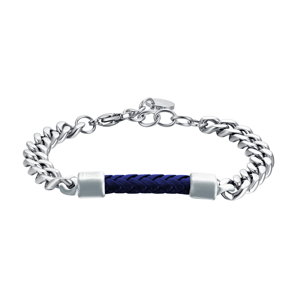 BRAZALETE DE ACERO PARA HOMBRE CON ELEMENTO DE CUERO AZUL