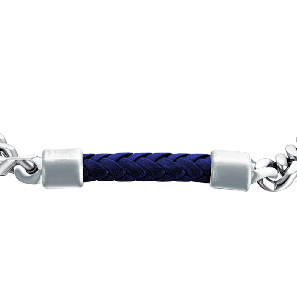 BRAZALETE DE ACERO PARA HOMBRE CON ELEMENTO DE CUERO AZUL