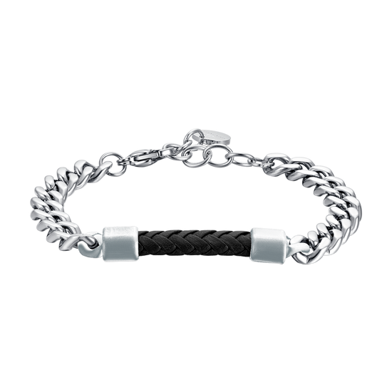 BRAZALETE DE ACERO PARA HOMBRE CON ELEMENTO DE CUERO NEGRO