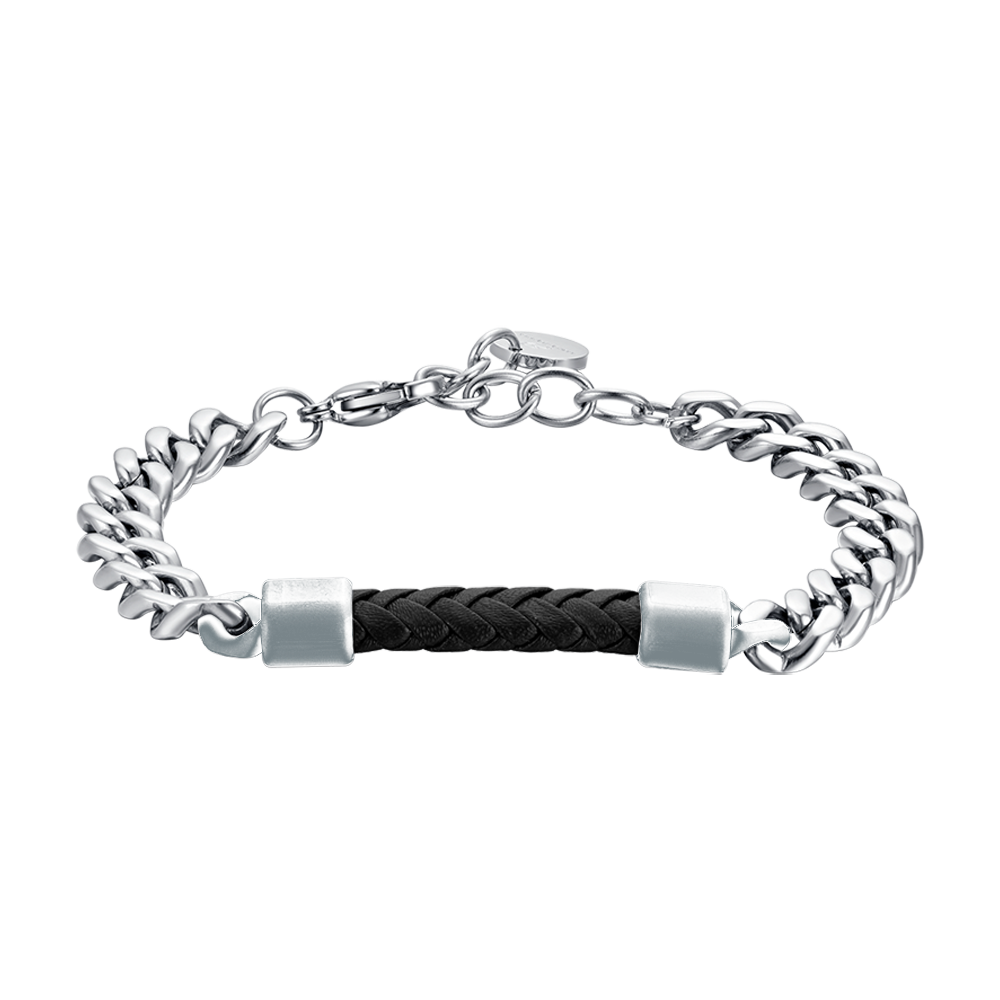 BRAZALETE DE ACERO PARA HOMBRE CON ELEMENTO DE CUERO NEGRO