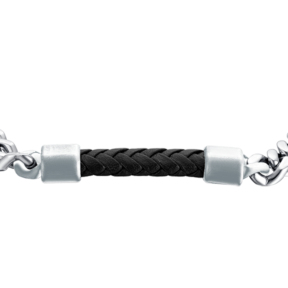 BRAZALETE DE ACERO PARA HOMBRE CON ELEMENTO DE CUERO NEGRO