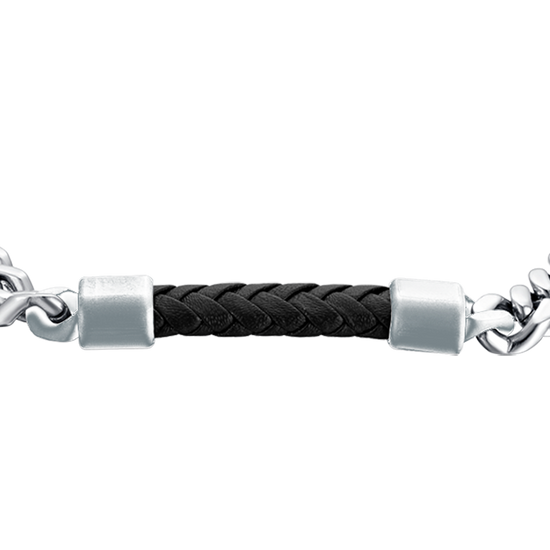 BRAZALETE DE ACERO PARA HOMBRE CON ELEMENTO DE CUERO NEGRO