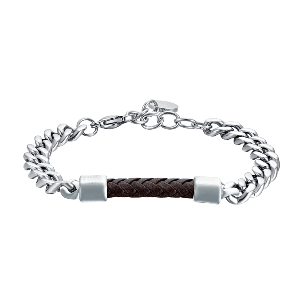 BRACCIALE UOMO IN ACCIAIO CON ELEMENTO IN CUOIO MARRONE Luca Barra