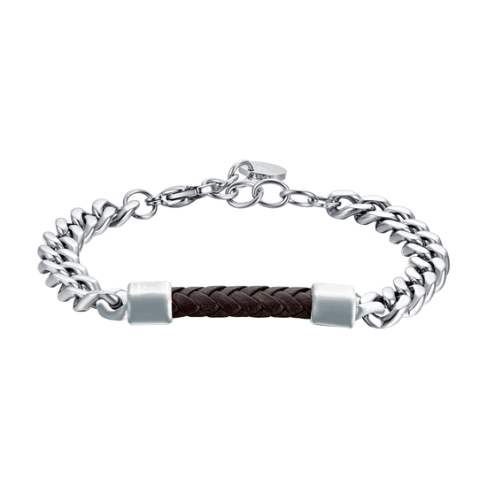 BRAZALETE DE ACERO PARA HOMBRE CON ELEMENTO DE CUERO MARRÓN