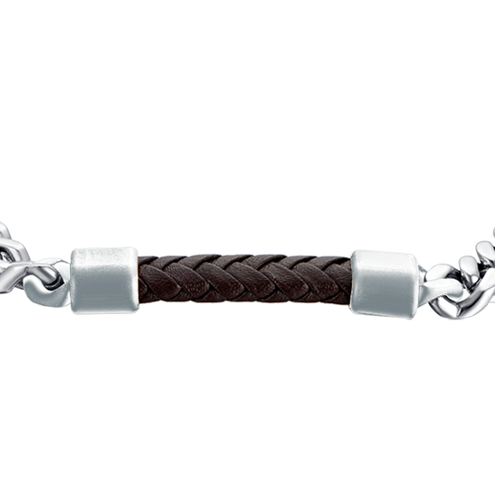 BRAZALETE DE ACERO PARA HOMBRE CON ELEMENTO DE CUERO MARRÓN