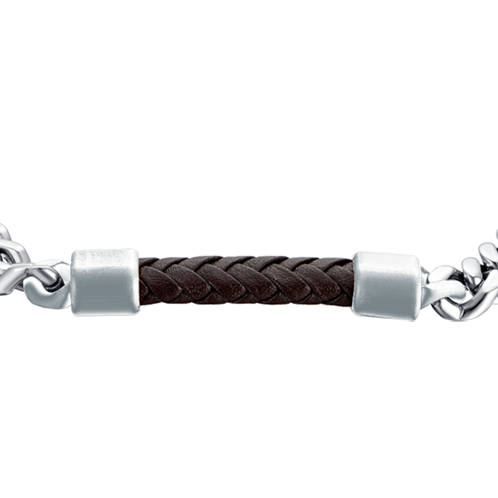 BRAZALETE DE ACERO PARA HOMBRE CON ELEMENTO DE CUERO MARRÓN