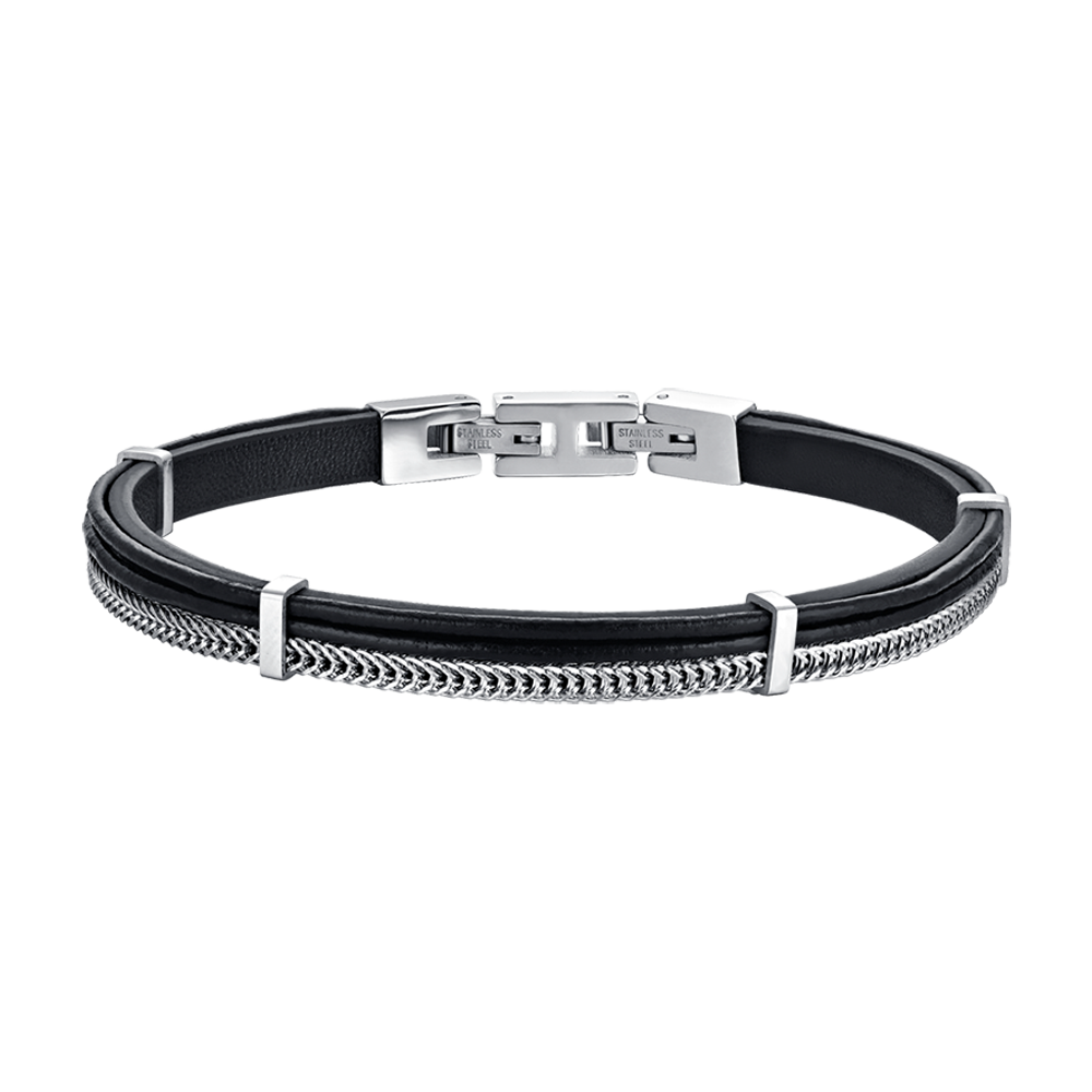 PULSERA DE CABALLERO DE CUERO NEGRO CON ELEMENTOS DE ACERO