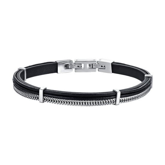PULSERA DE CABALLERO DE CUERO NEGRO CON ELEMENTOS DE ACERO