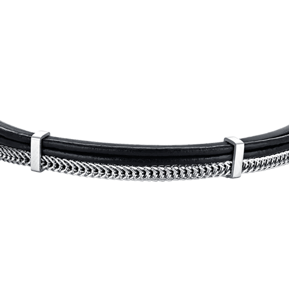 PULSERA DE CABALLERO DE CUERO NEGRO CON ELEMENTOS DE ACERO