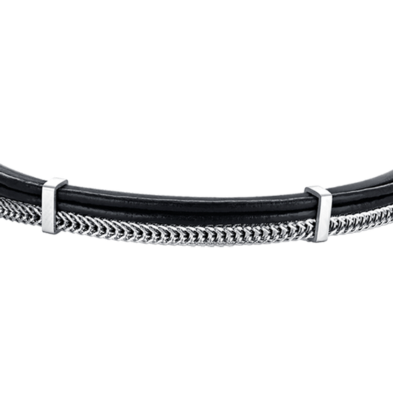 PULSERA DE CABALLERO DE CUERO NEGRO CON ELEMENTOS DE ACERO