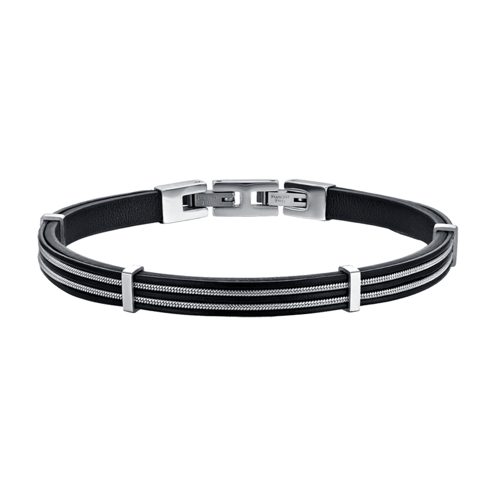 PULSERA DE CABALLERO DE CUERO NEGRO CON ELEMENTOS DE ACERO