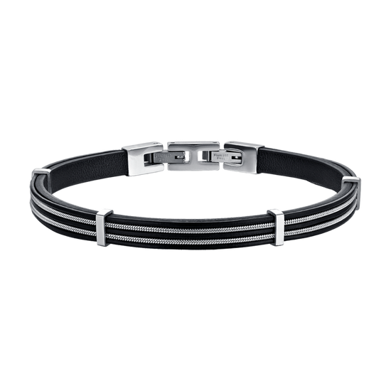 PULSERA DE CABALLERO DE CUERO NEGRO CON ELEMENTOS DE ACERO