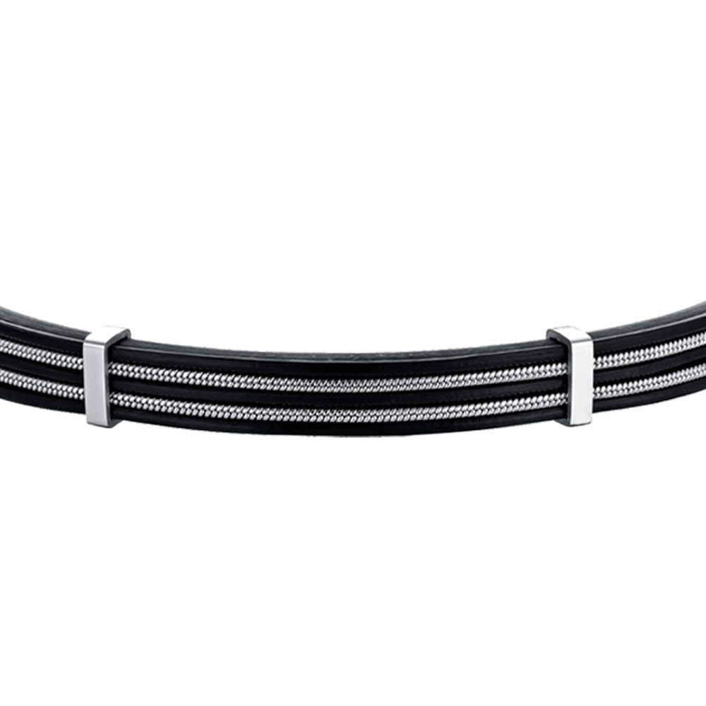 PULSERA DE CABALLERO DE CUERO NEGRO CON ELEMENTOS DE ACERO