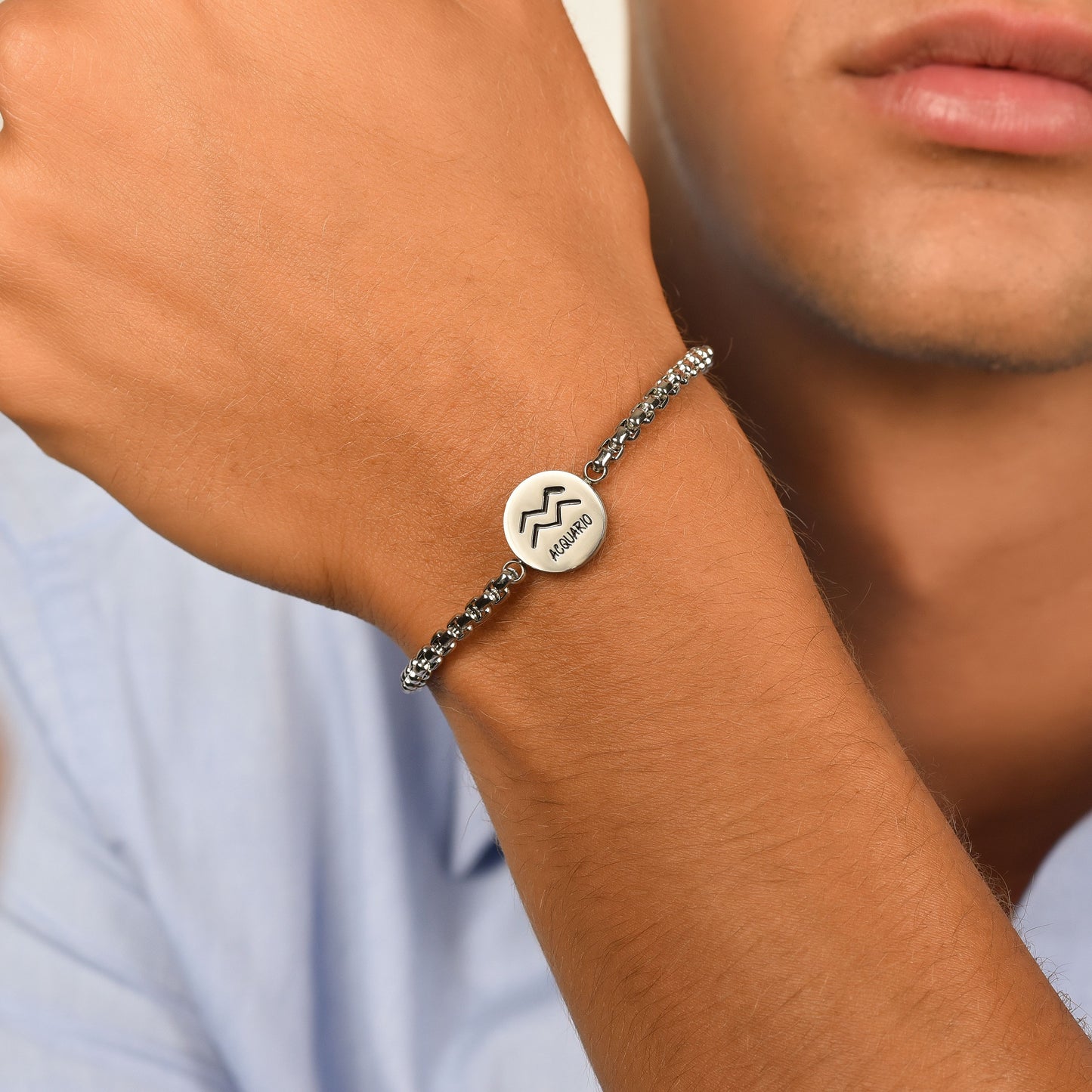 PULSERA DE ACERO PARA HOMBRE SIGNO DEL ZODIACO ACUARIO PLACA