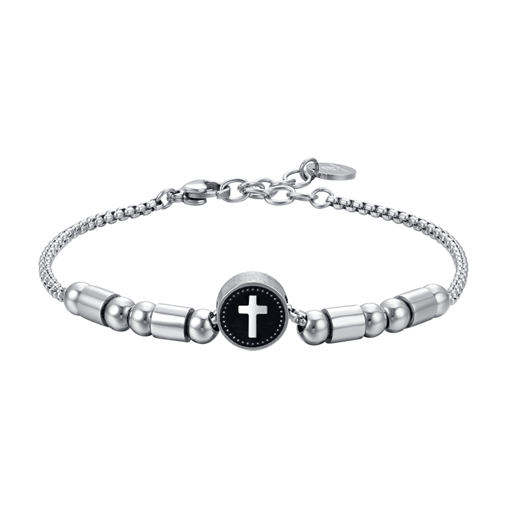 PULSERA ELEMENTO DE ACERO PARA HOMBRE CON CRUZ DE PLATA Y ESMALTE NEGRO