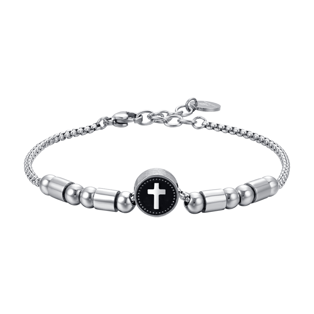 BRACCIALE UOMO IN ACCIAIO ELEMENTO CON CROCE SILVER E SMALTO NERO Luca Barra