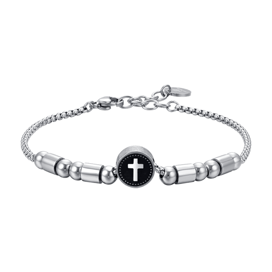 BRACCIALE UOMO IN ACCIAIO ELEMENTO CON CROCE SILVER E SMALTO NERO Luca Barra