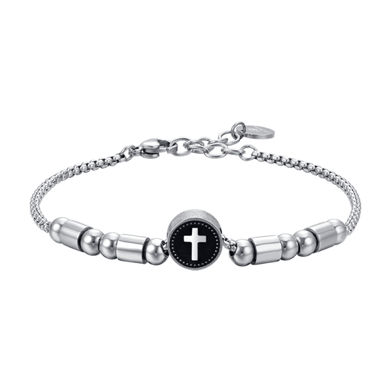 PULSERA ELEMENTO DE ACERO PARA HOMBRE CON CRUZ DE PLATA Y ESMALTE NEGRO