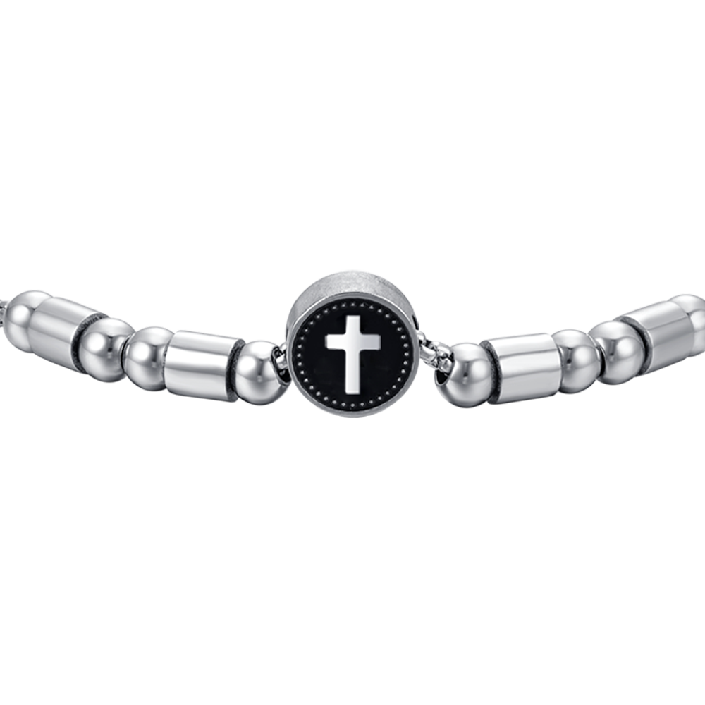 PULSERA ELEMENTO DE ACERO PARA HOMBRE CON CRUZ DE PLATA Y ESMALTE NEGRO