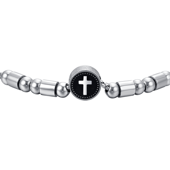 PULSERA ELEMENTO DE ACERO PARA HOMBRE CON CRUZ DE PLATA Y ESMALTE NEGRO