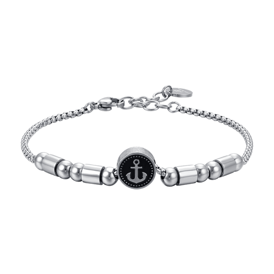 BRACCIALE UOMO IN ACCIAIO ELEMENTO CON ANCORA SILVER E SMALTO NERO Luca Barra