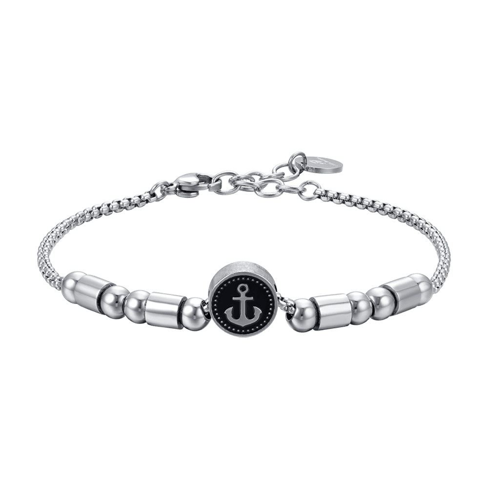 PULSERA ELEMENTO DE ACERO PARA HOMBRE CON ANCLA PLATEADA Y ESMALTE NEGRO