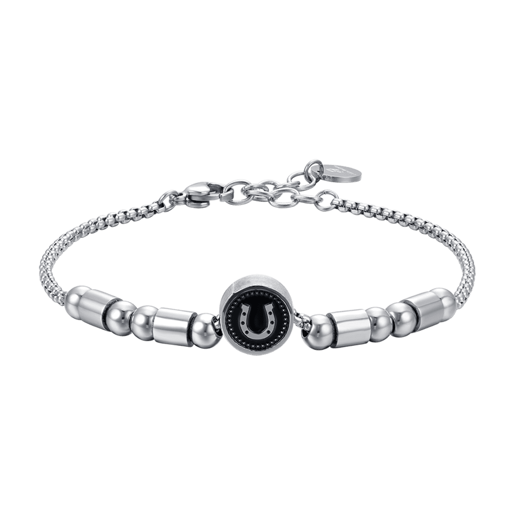 ELEMENTO DE PULSERA DE ACERO PARA HOMBRE CON HERRADURA DE PLATA Y ESMALTE NEGRO