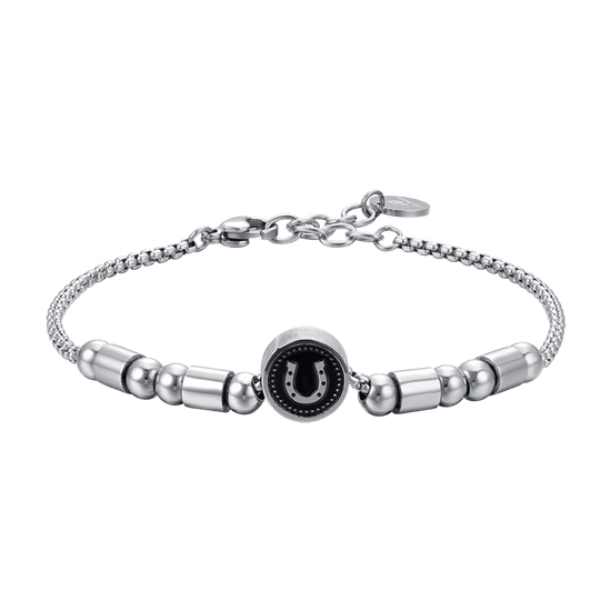 ELEMENTO DE PULSERA DE ACERO PARA HOMBRE CON HERRADURA DE PLATA Y ESMALTE NEGRO