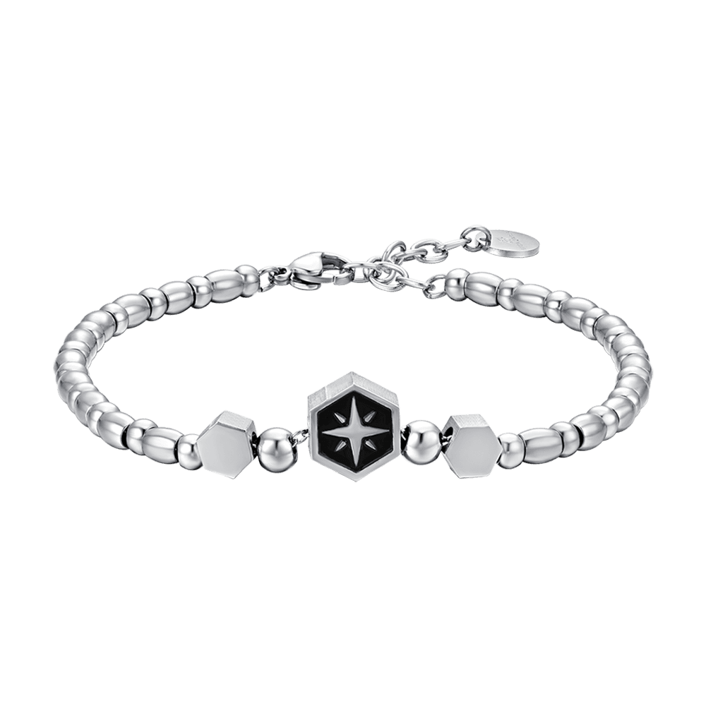 PULSERA ELEMENTO DE ACERO PARA HOMBRE CON ROSA DE LOS VIENTOS PLATEADA Y ESMALTE NEGRO