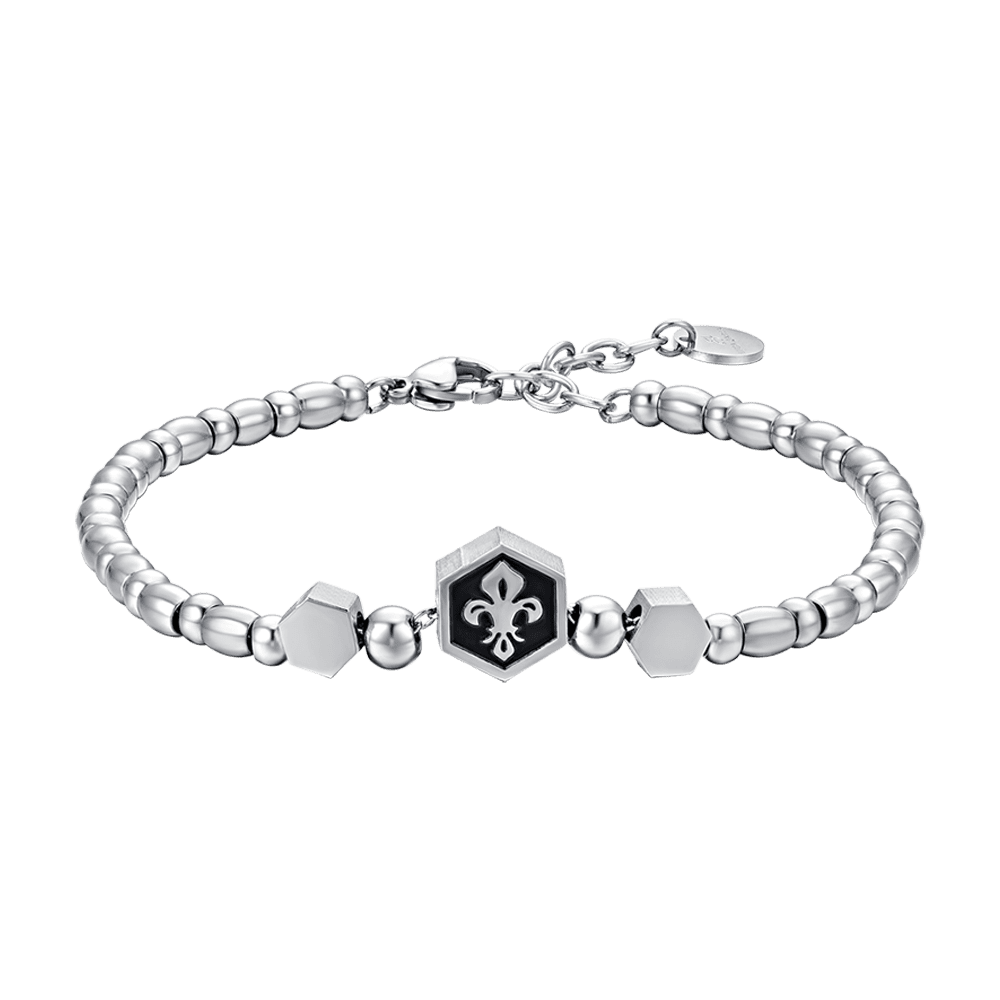PULSERA ELEMENTO DE ACERO PARA HOMBRE CON LIRIO PLATEADO Y ESMALTE NEGRO