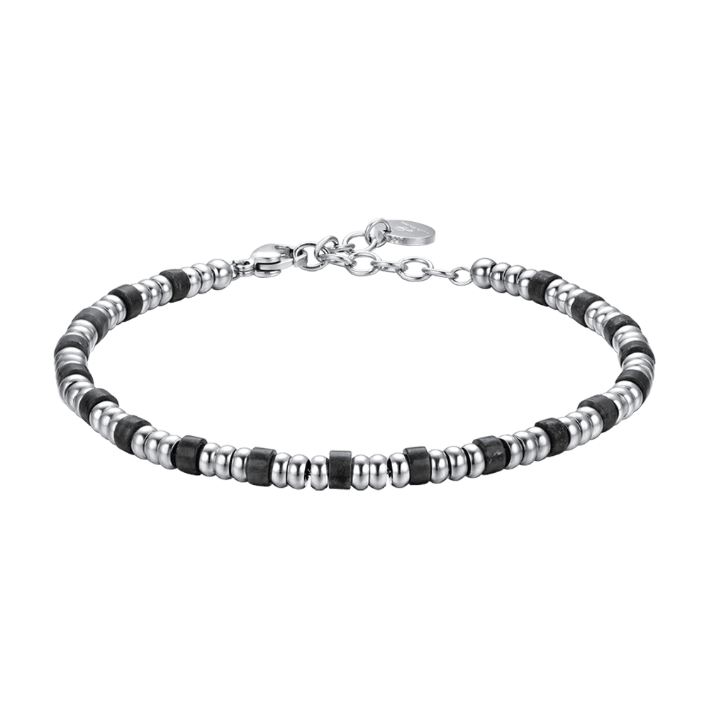 PULSERA DE ACERO PARA HOMBRE CON ELEMENTOS PLATEADOS Y PIEDRAS NEGRAS