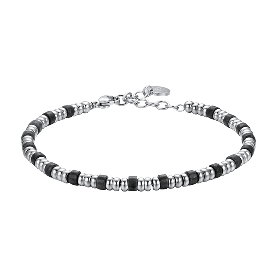 PULSERA DE ACERO PARA HOMBRE CON ELEMENTOS PLATEADOS Y PIEDRAS NEGRAS