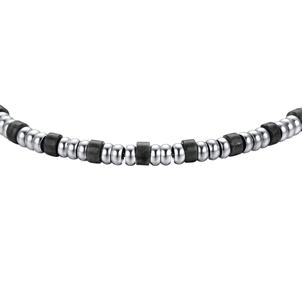 PULSERA DE ACERO PARA HOMBRE CON ELEMENTOS PLATEADOS Y PIEDRAS NEGRAS