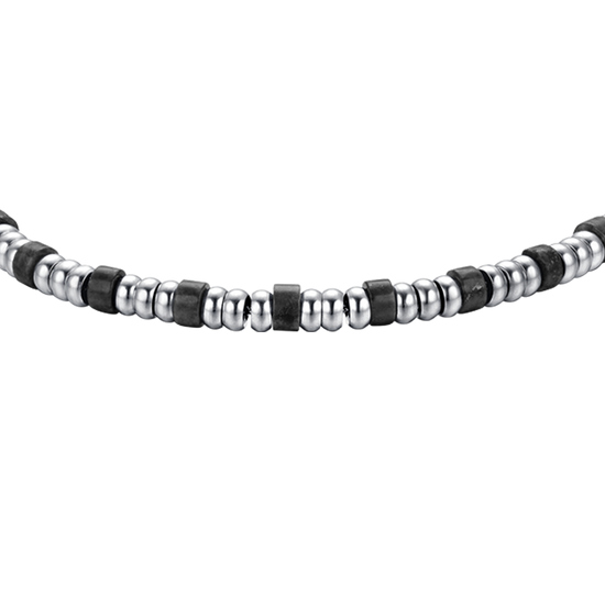 PULSERA DE ACERO PARA HOMBRE CON ELEMENTOS PLATEADOS Y PIEDRAS NEGRAS