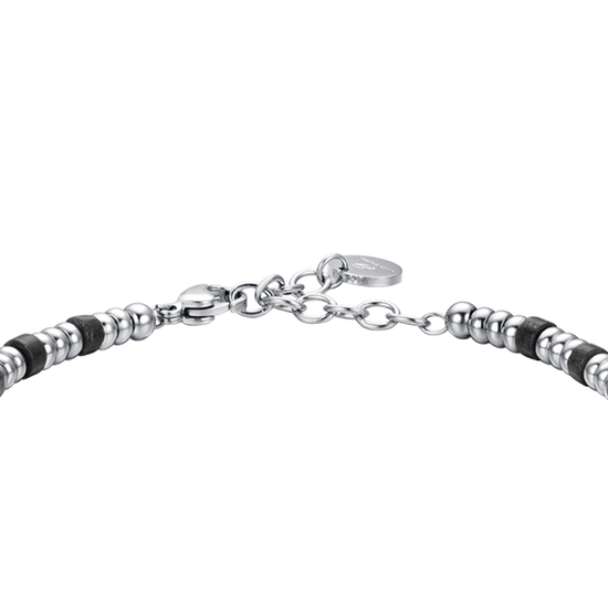 PULSERA DE ACERO PARA HOMBRE CON ELEMENTOS PLATEADOS Y PIEDRAS NEGRAS