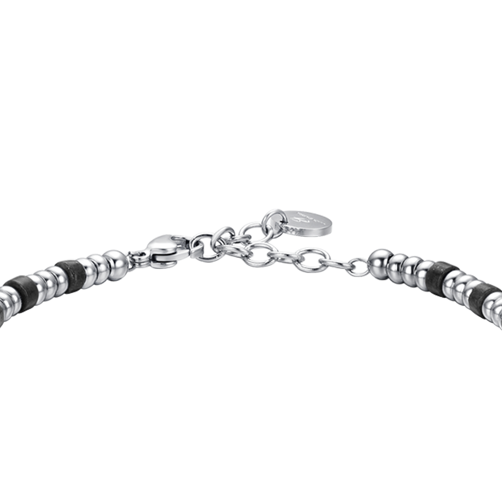 PULSERA DE ACERO PARA HOMBRE CON ELEMENTOS PLATEADOS Y PIEDRAS NEGRAS