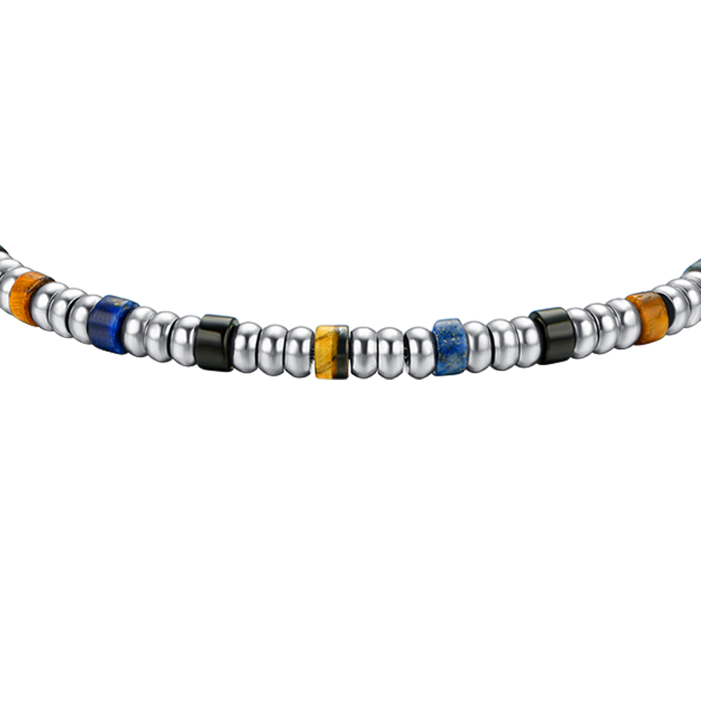 PULSERA DE ACERO PARA HOMBRE CON ELEMENTOS PLATEADOS Y PIEDRAS MULTICOLORES