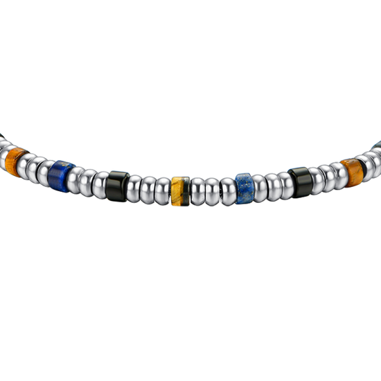 PULSERA DE ACERO PARA HOMBRE CON ELEMENTOS PLATEADOS Y PIEDRAS MULTICOLORES