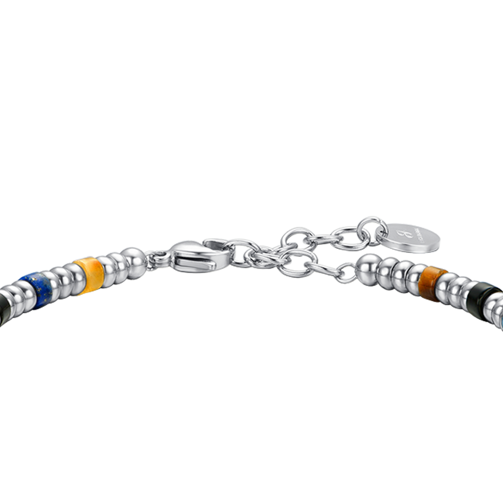 PULSERA DE ACERO PARA HOMBRE CON ELEMENTOS PLATEADOS Y PIEDRAS MULTICOLORES