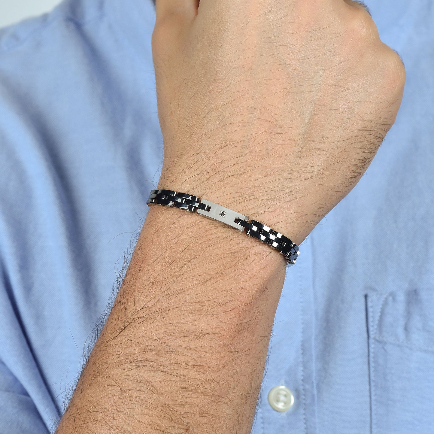 BRAZALETE DE HOMBRE DE ACERO CON CERÁMICA NEGRA Y CRISTAL NEGRO