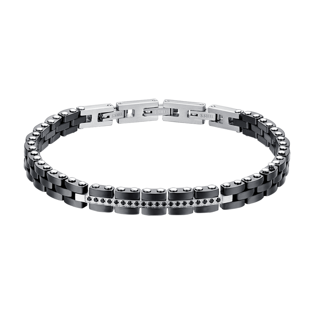 BRAZALETE DE CABALLERO DE ACERO Y CERÁMICA NEGRA CON CRISTALES NEGROS