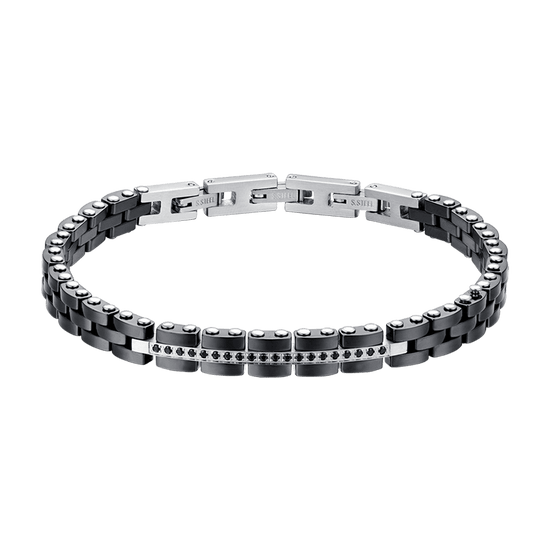BRAZALETE DE CABALLERO DE ACERO Y CERÁMICA NEGRA CON CRISTALES NEGROS