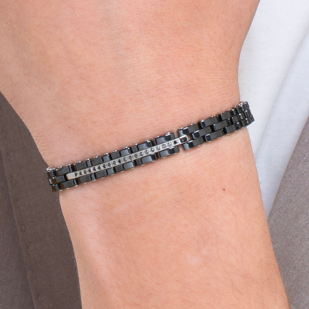 BRAZALETE DE CABALLERO DE ACERO Y CERÁMICA NEGRA CON CRISTALES NEGROS