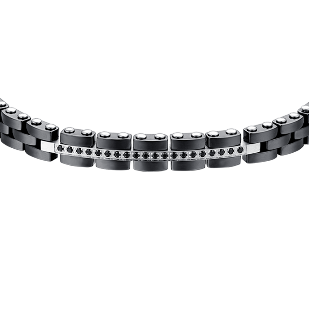 BRAZALETE DE CABALLERO DE ACERO Y CERÁMICA NEGRA CON CRISTALES NEGROS