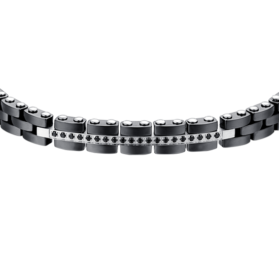 BRAZALETE DE CABALLERO DE ACERO Y CERÁMICA NEGRA CON CRISTALES NEGROS