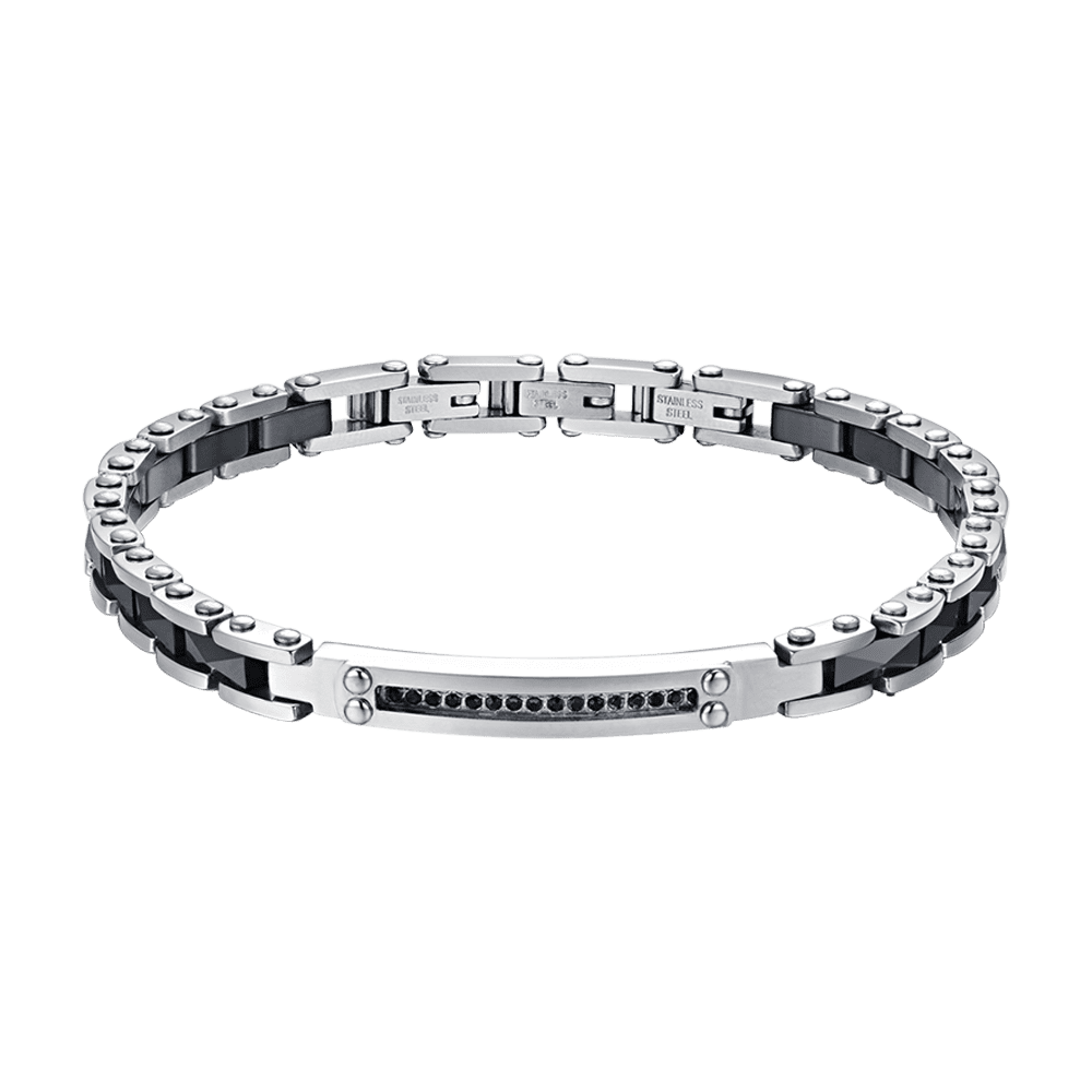 BRAZALETE DE CABALLERO DE ACERO Y CERÁMICA NEGRA CON CRISTALES NEGROS