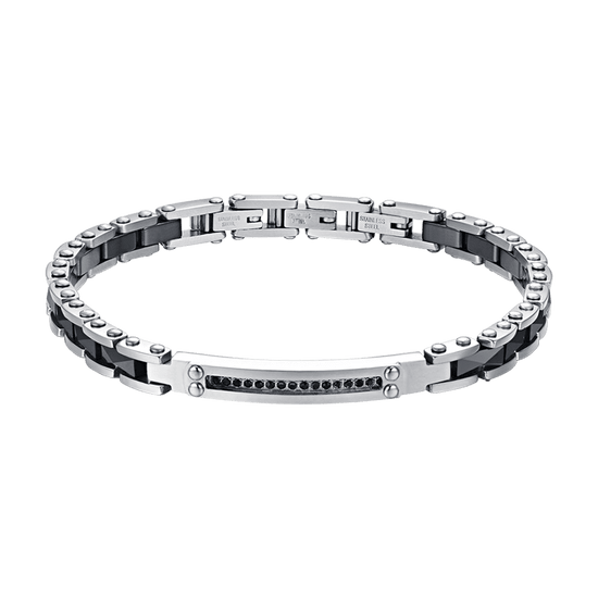 BRAZALETE DE CABALLERO DE ACERO Y CERÁMICA NEGRA CON CRISTALES NEGROS