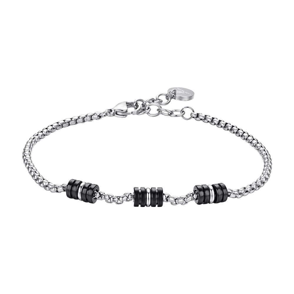 BRAZALETE DE ACERO PARA HOMBRE CON ELEMENTOS IP NEGROS Y PLATEADOS