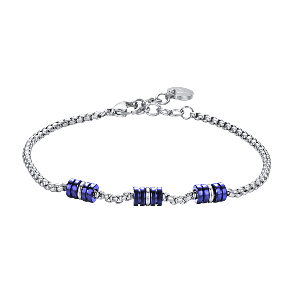 PULSERA DE ACERO PARA HOMBRE CON ELEMENTOS IP AZULES Y PLATEADOS